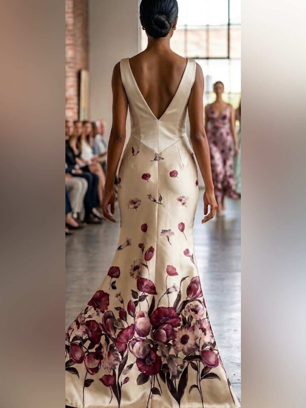 Jessica McClintock Cream Maxi Dress with Burgundy Floral Print - Picture 2 of 15